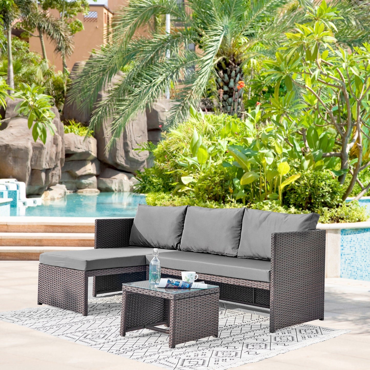 Manhattan Comfort 3-Piece Menton Patio 2-Seater and Lounge Chair with Coffee Table