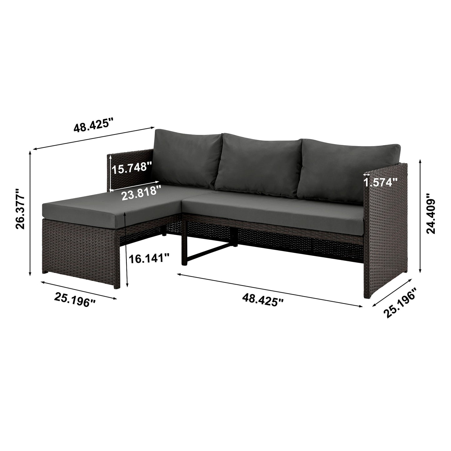 Manhattan Comfort 3-Piece Menton Patio 2-Seater and Lounge Chair with Coffee Table