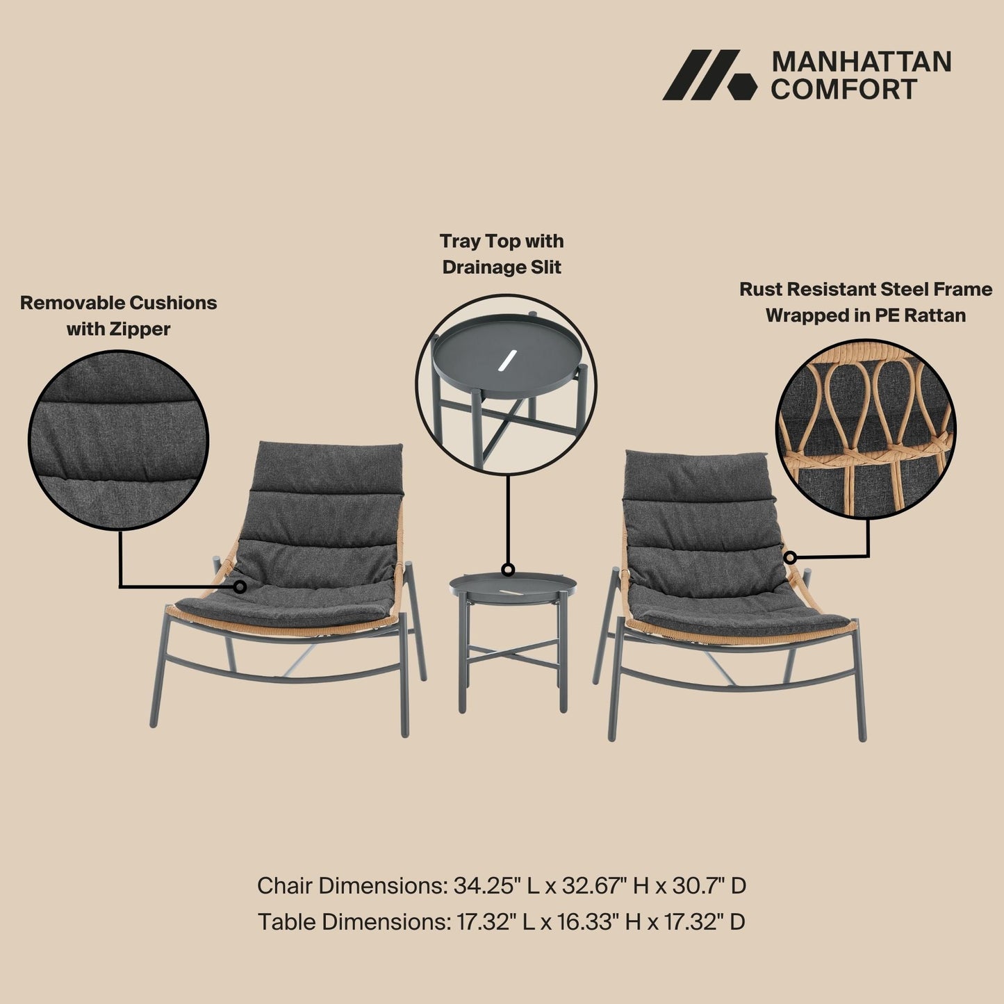 Manhattan Comfort 3-Piece Sunset Patio Conversation Set