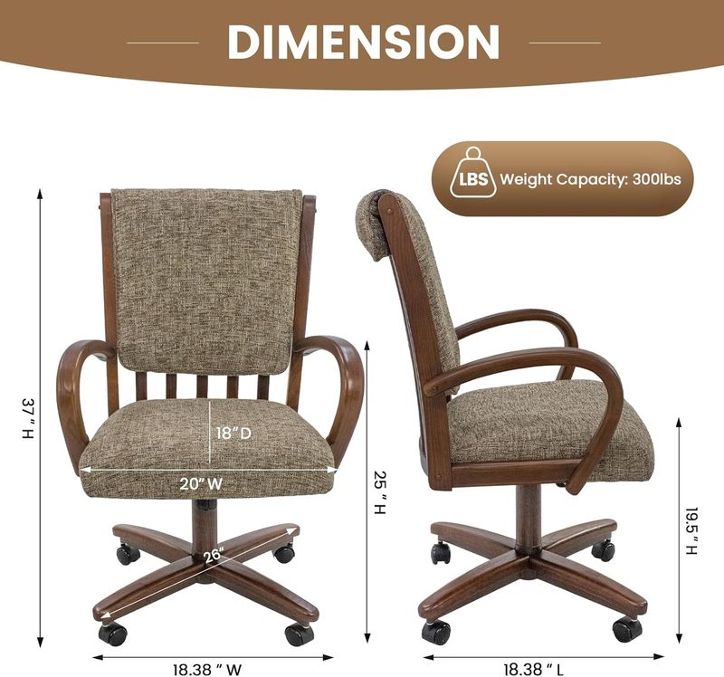 Chromcraft ZIP Ship CM177 Casual Dining Chair Caster Swivel Tilt Fabric Dinning Chair in Walnut Finish