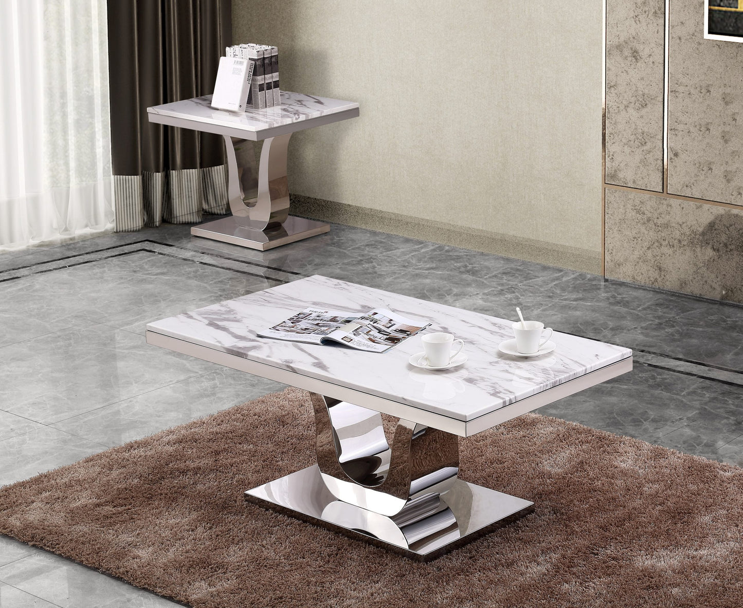 Classic Set: Marble Top Coffee Table and End table(s) with Stainless Steel Base