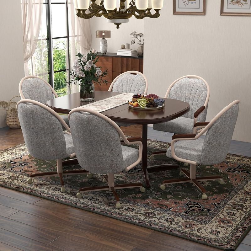 Chromcraft Douglas D7775 Casual Dining Chair Caster Swivel Tilt Fabric Dinning Chair in Walnut Wood and Texture Bronze Metal Finish