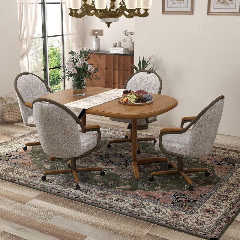 Chromcraft Douglas D7775 Casual Dining Chair Caster Swivel Tilt Fabric Dinning Chair in Chestnut Wood and Texture Bronze Metal Finish