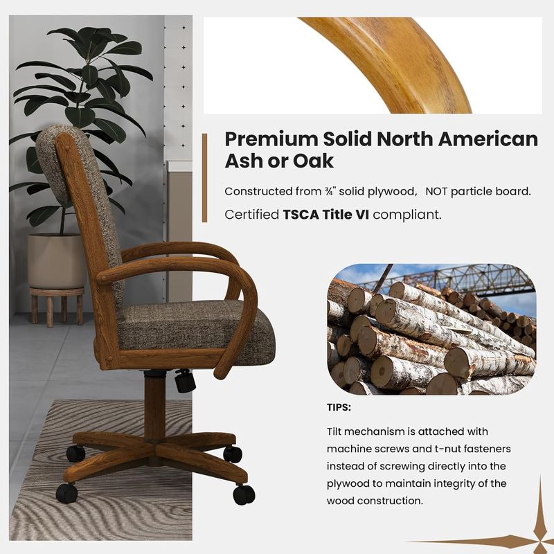 Chromcraft ZIP Ship CM177 Casual Dining Chair Caster Swivel Tilt Fabric Dinning Chair in Chestnut Finish