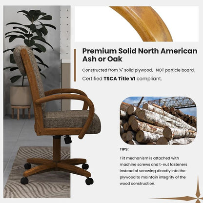 Chromcraft ZIP Ship CM177 Casual Dining Chair Caster Swivel Tilt Fabric Dinning Chair in Chestnut Finish