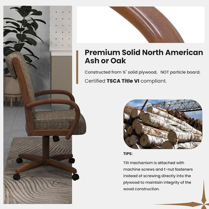 Chromcraft ZIP Ship CM177 Casual Dining Chair Caster Swivel Tilt Fabric Dinning Chair in Walnut Finish