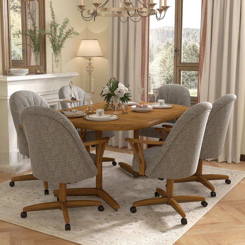 Chromcraft ZIP Ship CM127 Casual Dining Chair Caster Swivel Tilt Fabric Dinning Chair in Chestnut Finish