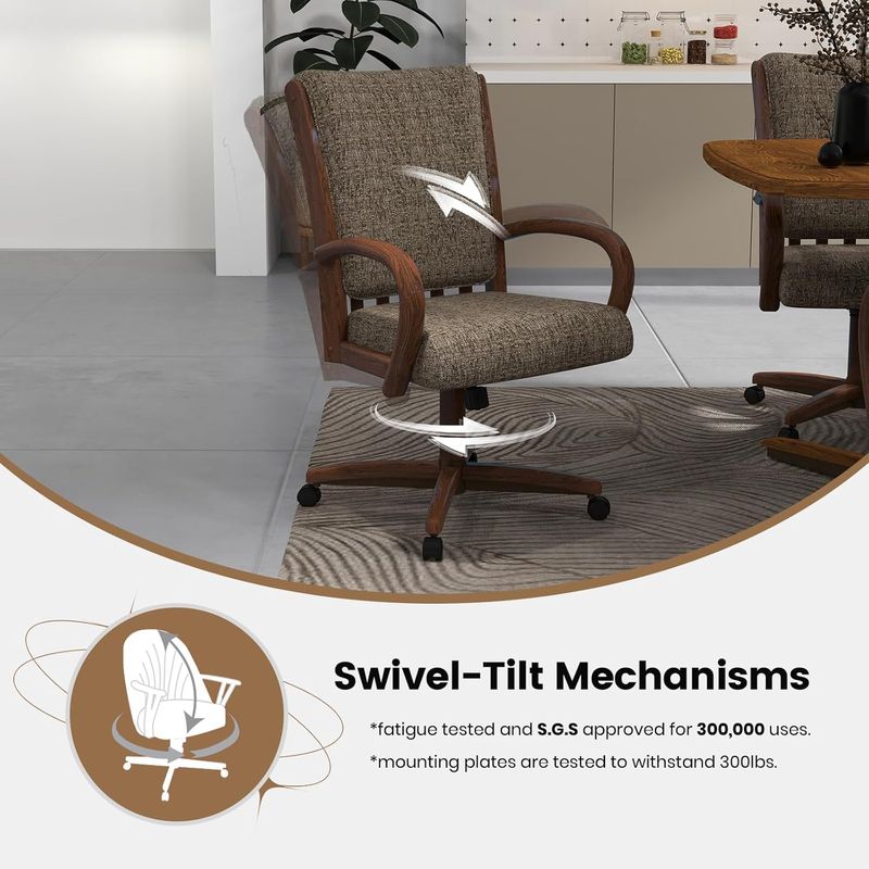 Chromcraft ZIP Ship CM177 Casual Dining Chair Caster Swivel Tilt Fabric Dinning Chair in Walnut Finish
