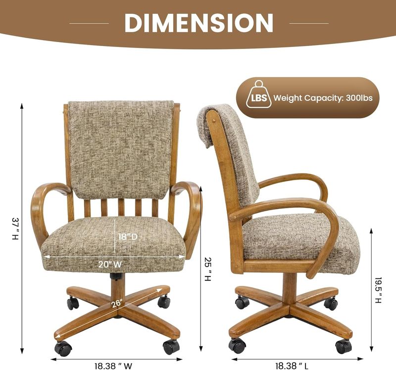 Chromcraft ZIP Ship CM177 Casual Dining Chair Caster Swivel Tilt Fabric Dinning Chair in Chestnut Finish