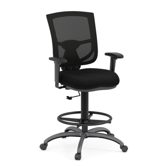 OfficeSource | CoolMesh Pro Collection | Mesh Back Task Stool with Adjustable Arms, Upholstered Seat, Footring and Black Base