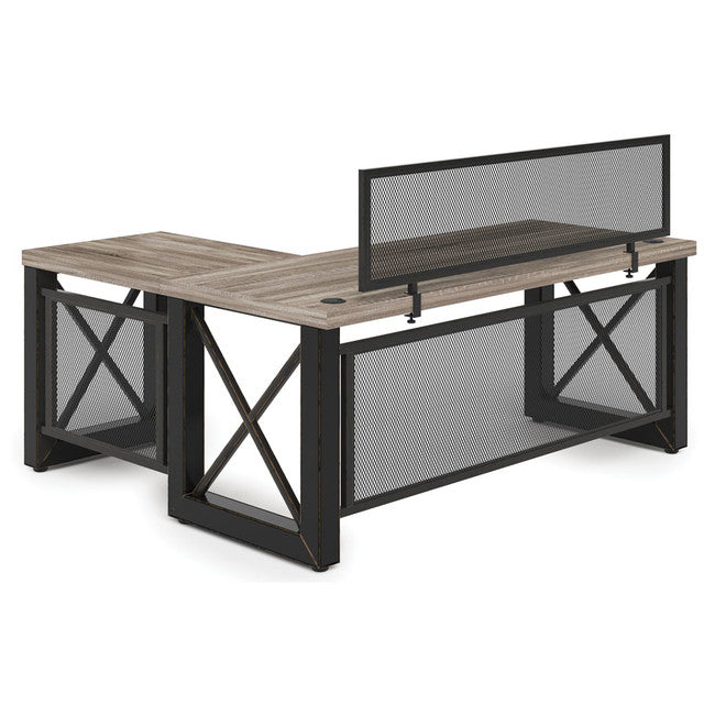 OfficeSource | Riveted | Industrial Desk with Metal X Base and Metal Mesh Modesty Panel