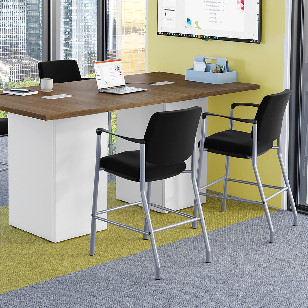 OfficeSource | Sleek Stool | Fabric Guest Stool with Arms and Black Frame