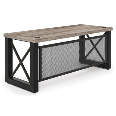 OfficeSource | Riveted | Industrial Desk with Metal X Base and Metal Mesh Modesty Panel