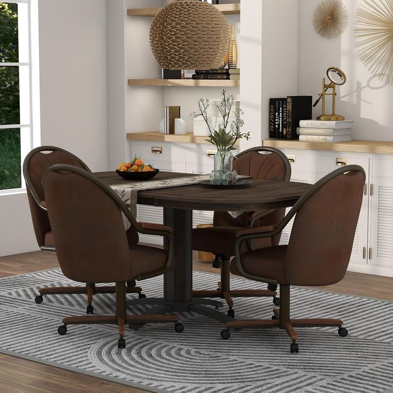 Chromcraft Douglas D7775 Casual Dining Chair Caster Swivel Tilt Fabric Dinning Chair in Walnut Wood and Texture Bronze Metal Finish (Mocha Fabric)