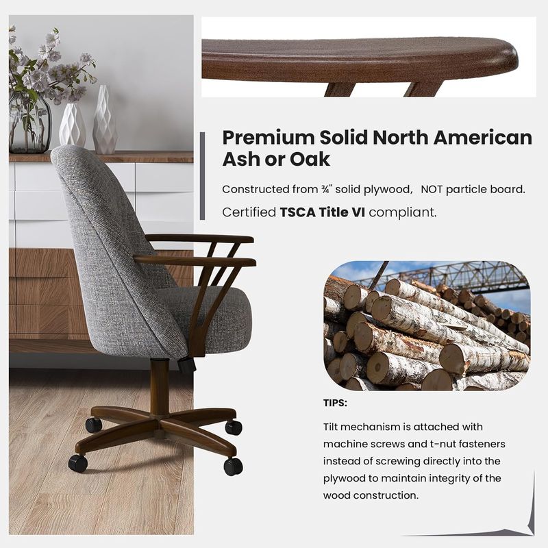 Chromcraft ZIP Ship CM127 Casual Dining Chair Caster Swivel Tilt Fabric Dinning Chair in Walnut Finish