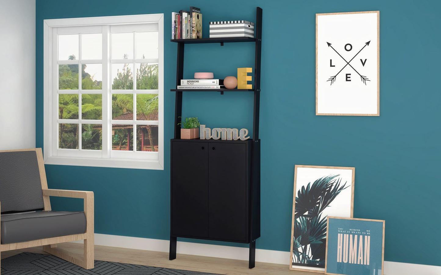 Manhattan Comfort Cooper Ladder Display Cabinet with 2 Floating Shelves in Black