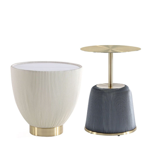 Manhattan Comfort Modern Anderson End Table 1.0 and End Table 2.0 Upholstered in Cream and Grey Leatherette with Ceramic Faux Tabletop and Gold Metal Tabletop- Set of 2