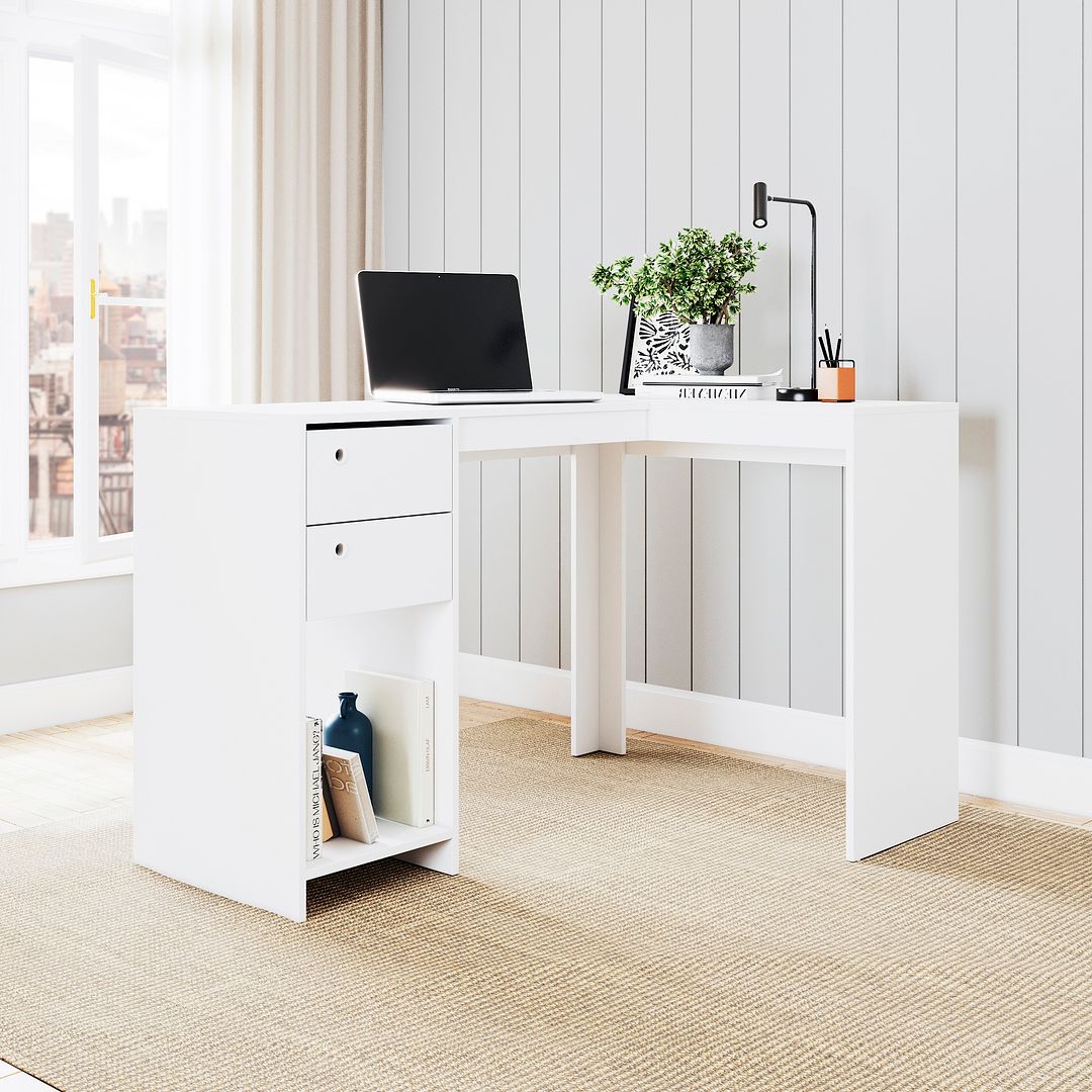 Manhattan Comfort Modest Palermo Classic "L" Shaped Desk with 2 Drawers and 1 Cubby in White