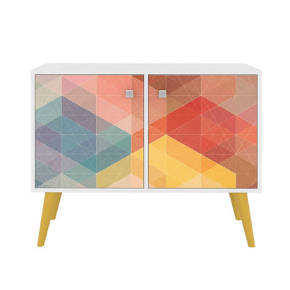 Manhattan Comfort Funky Avesta Side Table 2.0 with 3 Shelves in a White Frame with a Colorful Stamp Door and Yellow Feet