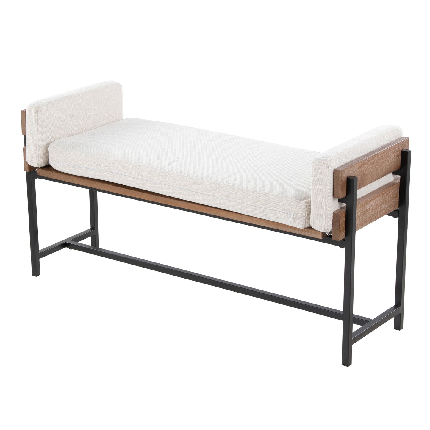 Kari 18" Farmhouse Bench with Black Metal, Brown Wood and Cream Fabric