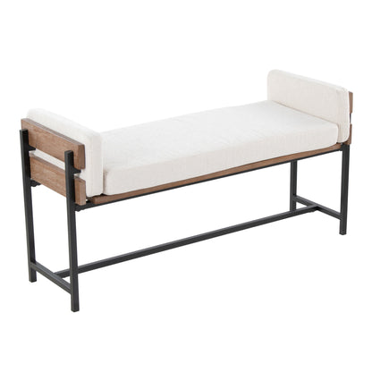 Kari 18" Farmhouse Bench with Black Metal, Brown Wood and Cream Fabric