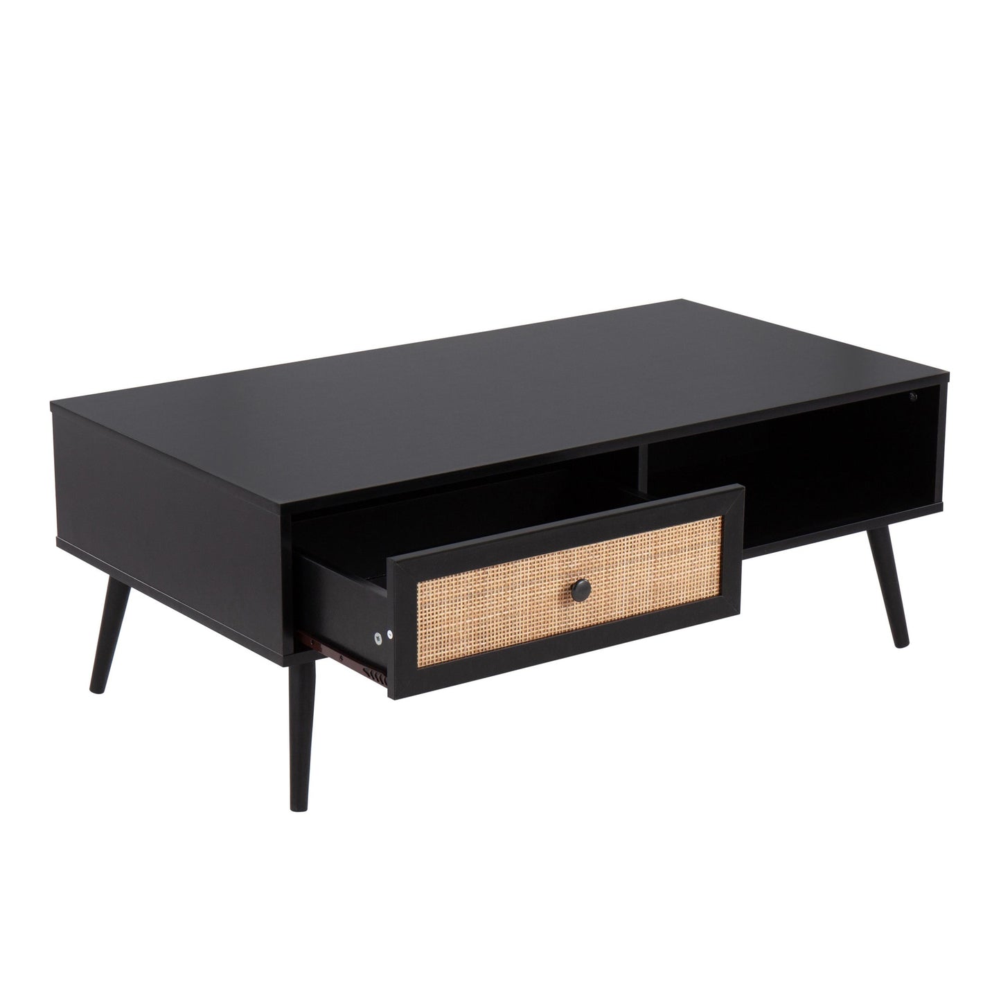 Bora Bora Contemporary Coffee Table in Black Wood with Rattan Accents