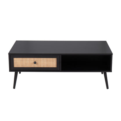 Bora Bora Contemporary Coffee Table in Black Wood with Rattan Accents