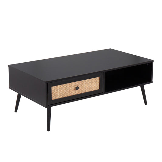 Bora Bora Contemporary Coffee Table in Black Wood with Rattan Accents