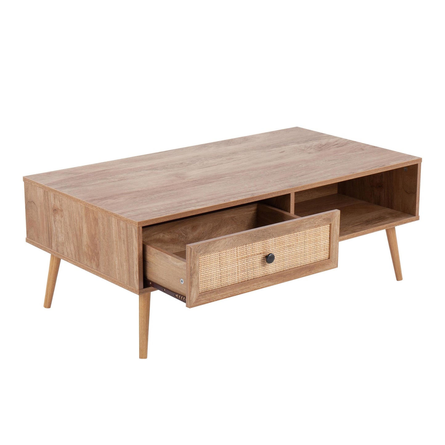 Bora Bora Contemporary Coffee Table in Black Wood with Rattan Accents