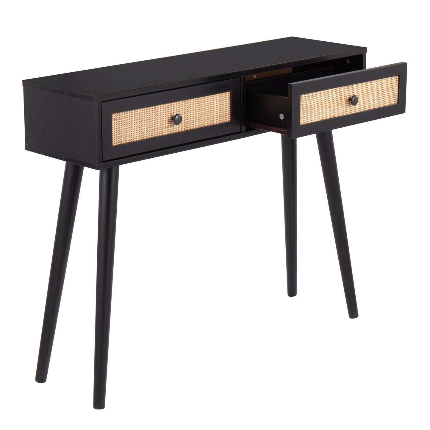 Bora Bora Contemporary Console Table in Black Wood with Rattan Accents