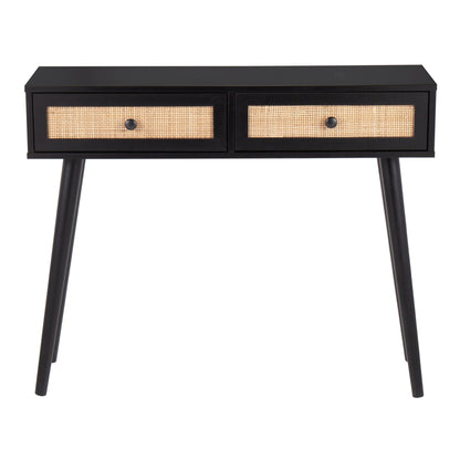 Bora Bora Contemporary Console Table in Black Wood with Rattan Accents