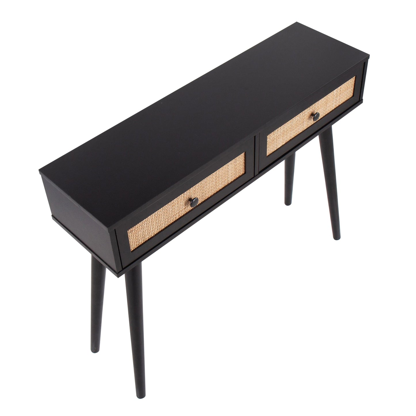 Bora Bora Contemporary Console Table in Black Wood with Rattan Accents