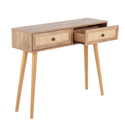 Bora Bora Contemporary Console Table in Black Wood with Rattan Accents