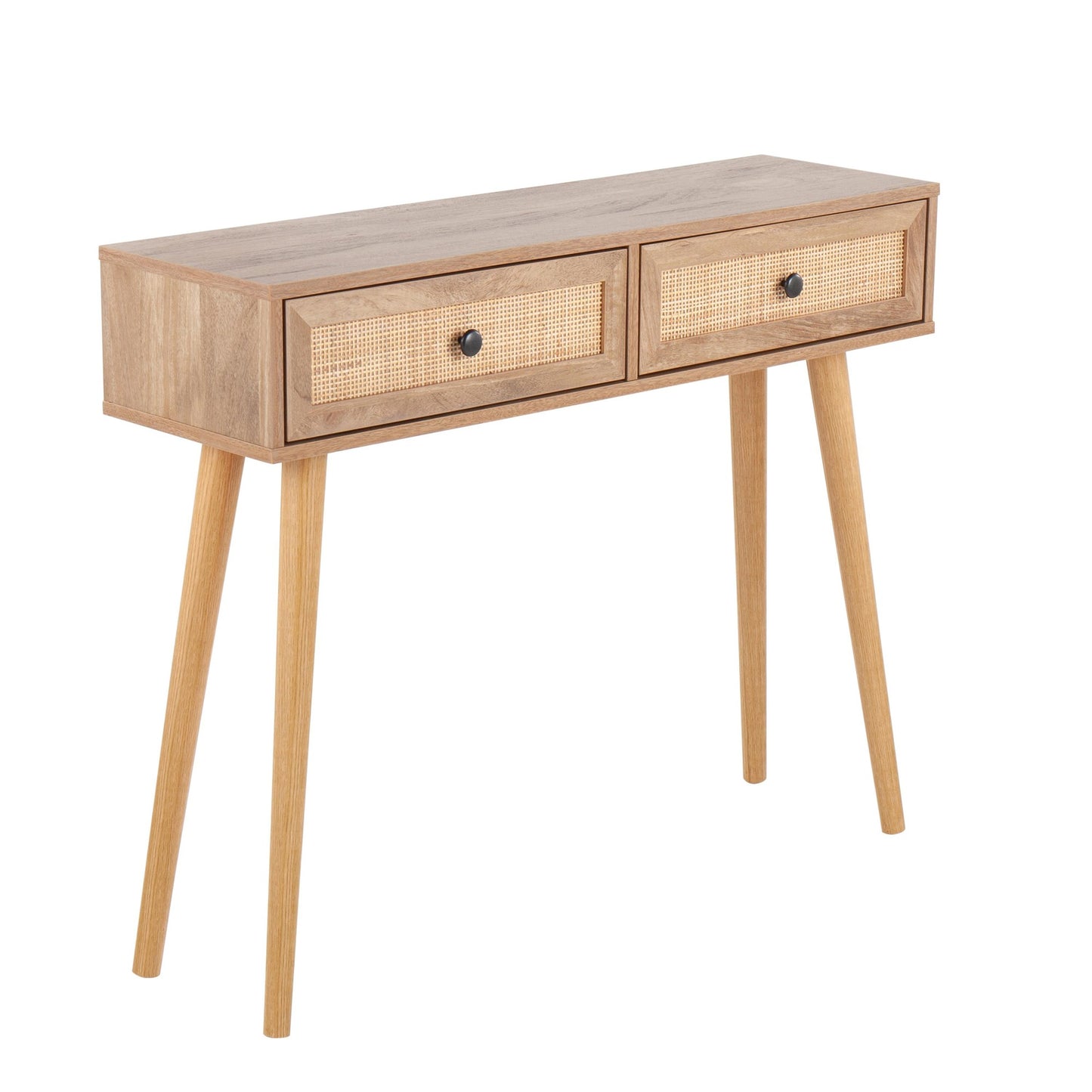 Bora Bora Contemporary Console Table in Black Wood with Rattan Accents