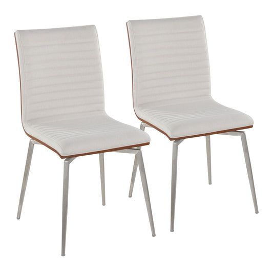 Mason Contemporary Dining/Accent Chair with Swivel in Stainless Steel, Walnut Wood, and Cream Fabric   - Set of 2