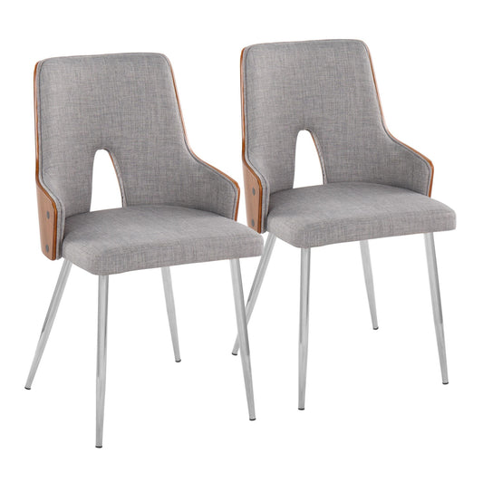 Stella Contemporary Accent/Dining Chair in Chrome Metal, Walnut Wood and Light Grey Fabric   - Set of 2