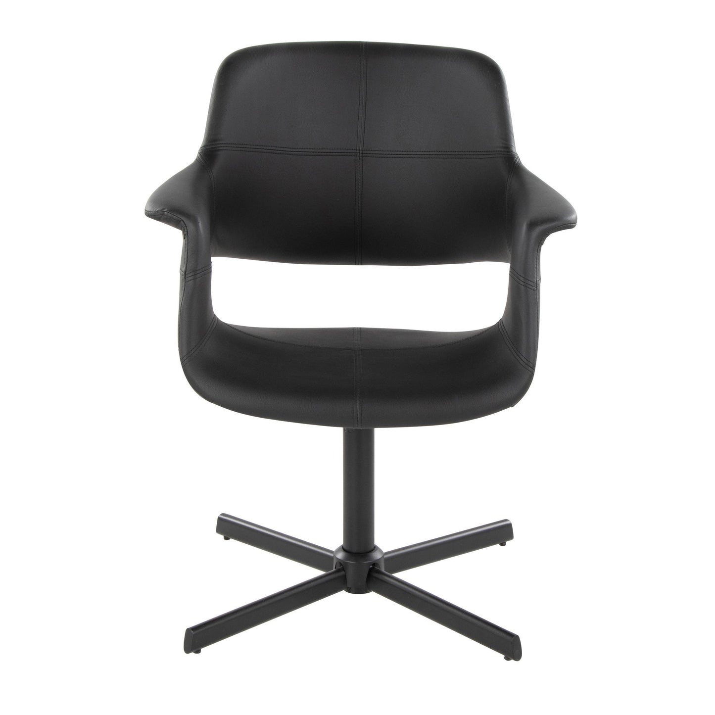 Vintage Flair Mid-Century Modern Swivel Accent Chair with X-pedestal Base in Black Metal and Black Faux Leather by LumiSource