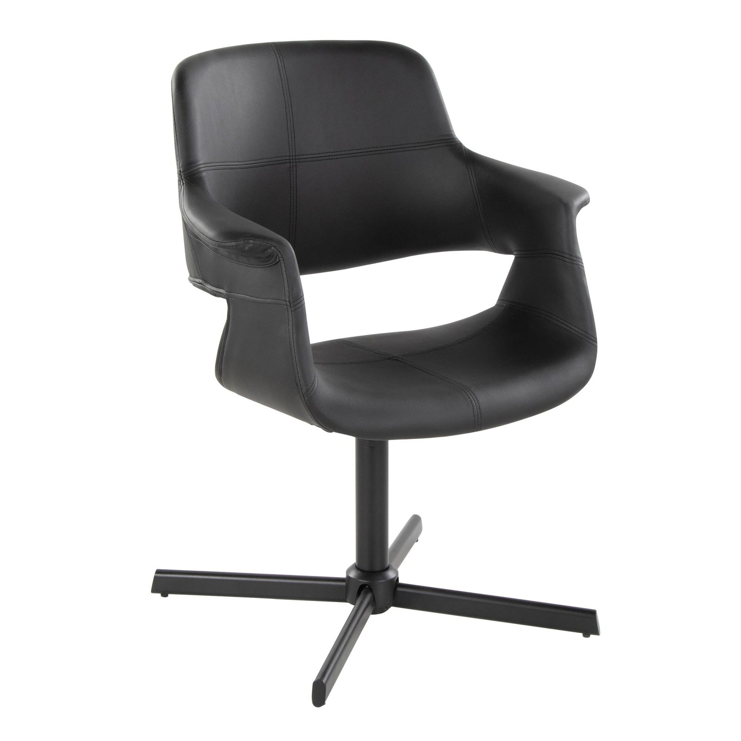 Vintage Flair Mid-Century Modern Swivel Accent Chair with X-pedestal Base in Black Metal and Black Faux Leather by LumiSource