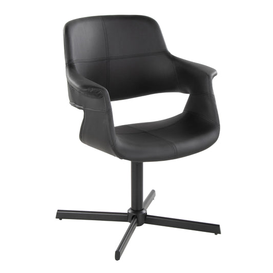 Vintage Flair Mid-Century Modern Swivel Accent Chair with X-pedestal Base in Black Metal and Black Faux Leather by LumiSource