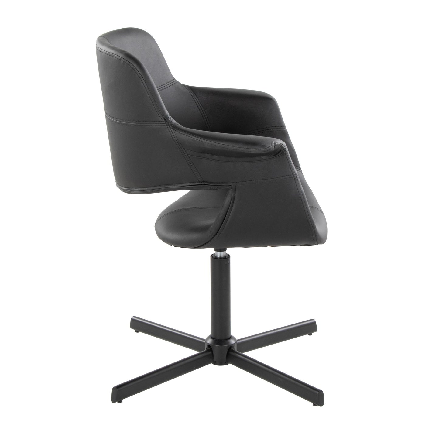 Vintage Flair Mid-Century Modern Swivel Accent Chair with X-pedestal Base in Black Metal and Black Faux Leather by LumiSource