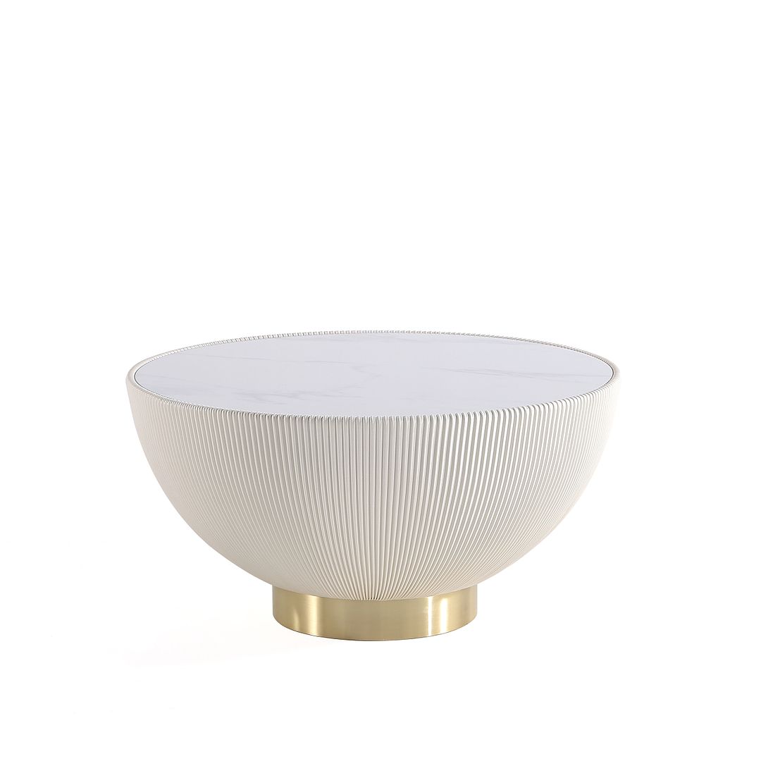 Manhattan Comfort Modern Anderson Coffee Table Upholstered in Cream Leatherette with Ceramic Faux Marble Tabletop