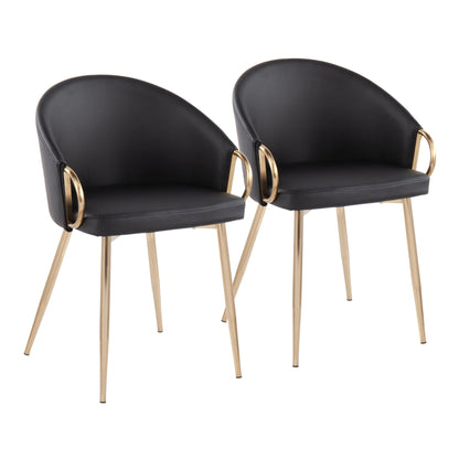 Claire Contemporary/Glam Chair in Gold Metal and Black Faux Leather   - Set of 2