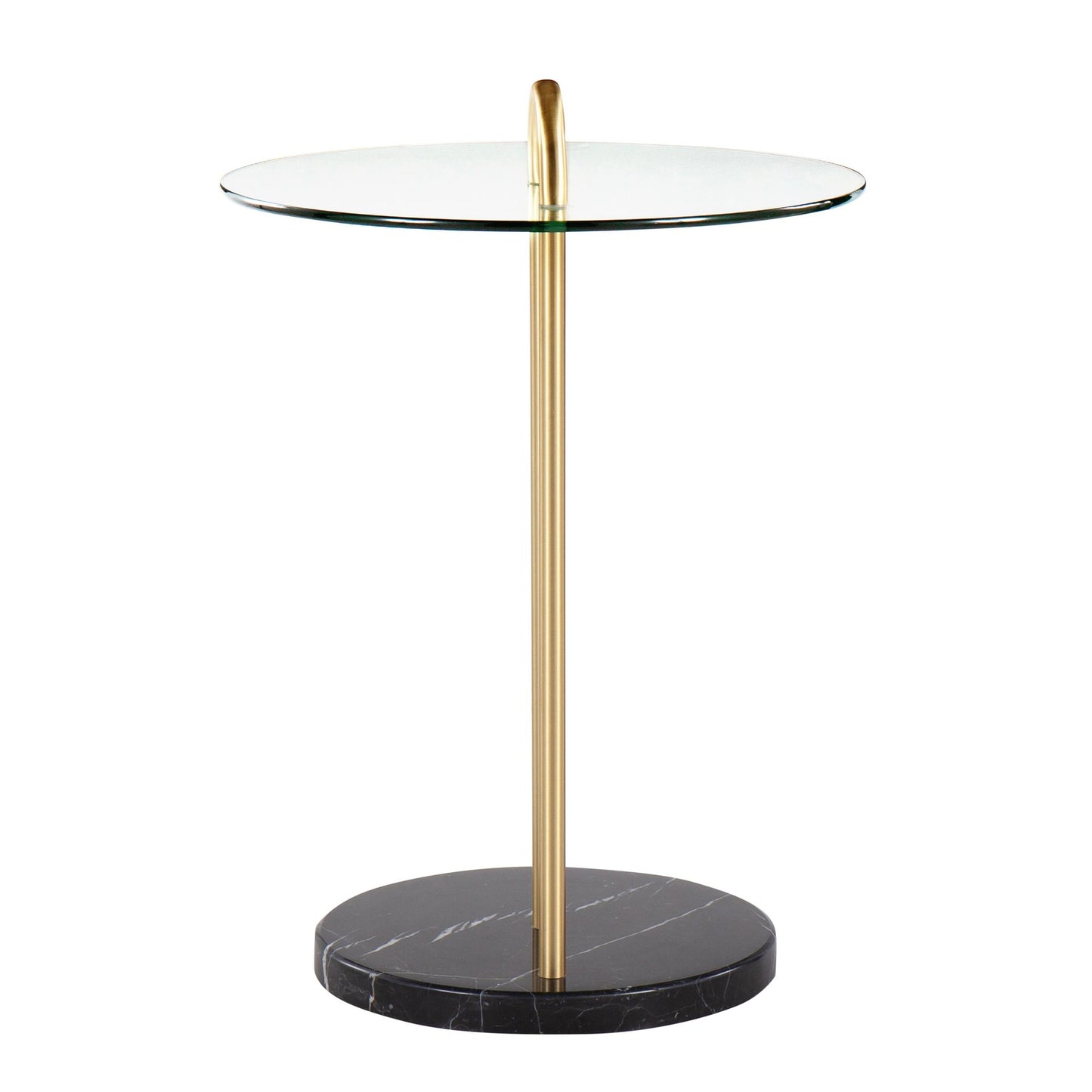 Claire Contemporary/Glam Side Table in Black Marble and Gold Steel with Clear Glass Top