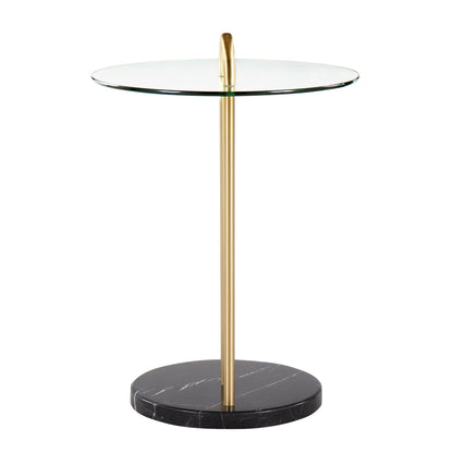 Claire Contemporary/Glam Side Table in Black Marble and Gold Steel with Clear Glass Top