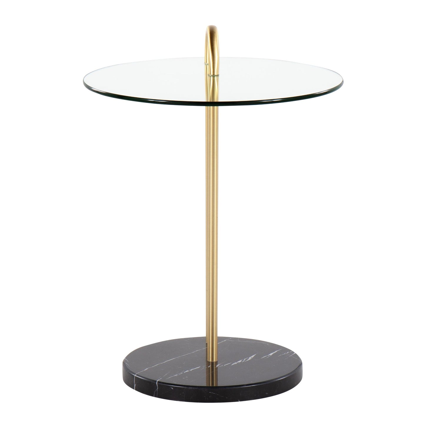 Claire Contemporary/Glam Side Table in Black Marble and Gold Steel with Clear Glass Top