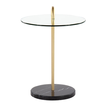 Claire Contemporary/Glam Side Table in Black Marble and Gold Steel with Clear Glass Top