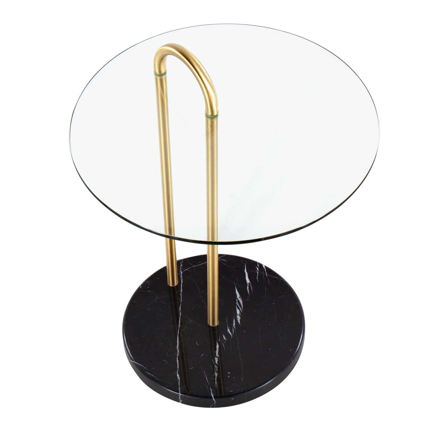 Claire Contemporary/Glam Side Table in Black Marble and Gold Steel with Clear Glass Top