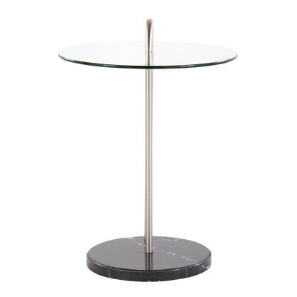 Claire Contemporary/Glam Side Table in Black Marble and Gold Steel with Clear Glass Top