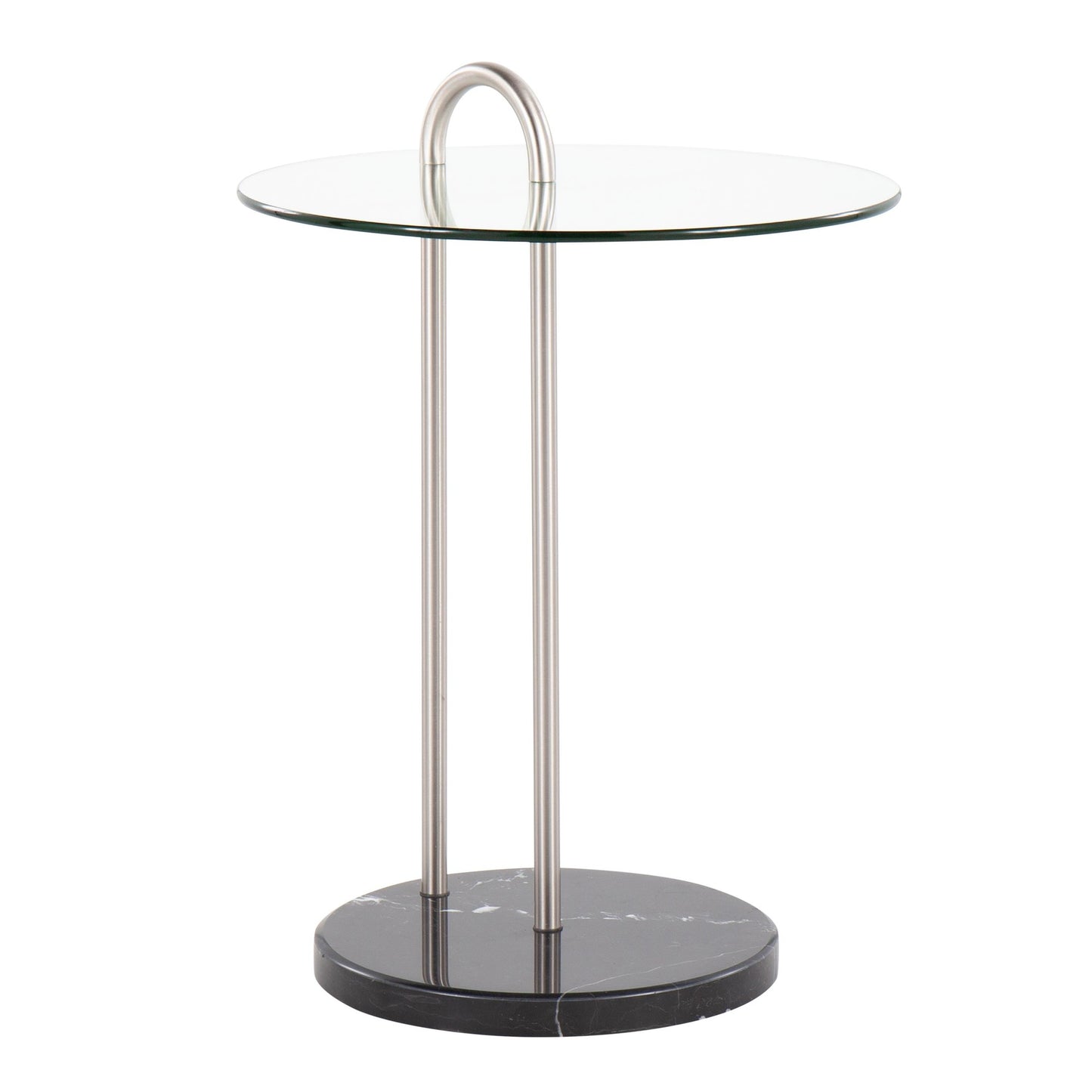 Claire Contemporary/Glam Side Table in Black Marble and Gold Steel with Clear Glass Top