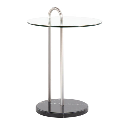 Claire Contemporary/Glam Side Table in Black Marble and Gold Steel with Clear Glass Top